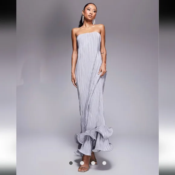 ASOS | Dresses | Asos Design Bandeau Plisse Maxi Dress With Dramatic Curly  Hem In Silver | Poshmark